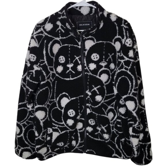Reason Mens Teddy Yarn Sherpa Full Zip Jacket Black White Size Medium - Picture 12 of 12